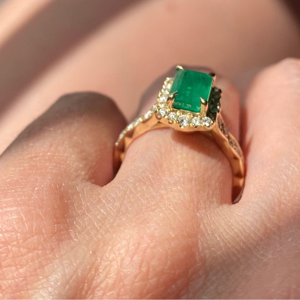 Emerald Cut Emerald Ring with Diamond Halo 14K Yellow Gold
